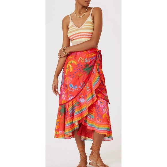 Farm Rio Red Good Vibes Wrap Skirt Women's Size XL Bold Colorful Cotton - Picture 2 of 14